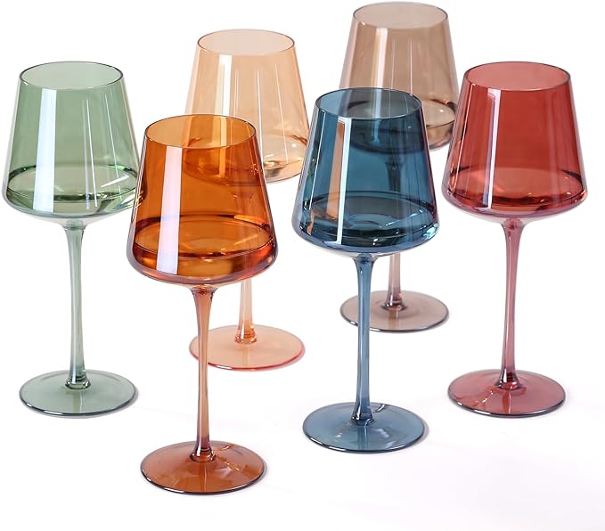comfit Original Hand Blown Colored Wine Glasses Set of 6-18oz Multi Colored Square Wine Glasses with Tall Long Stems and Flat Bottom,Crystal Colorful Wine Glass-Wedding,Birthday Gifts