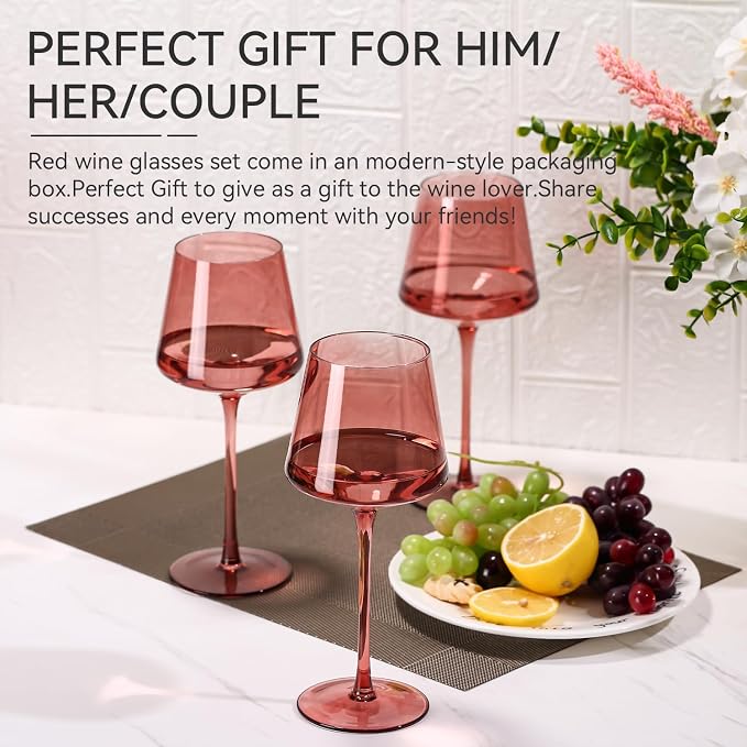 Rose Wine Glasses Set of 6,18oz Rose Wine Glassware Gift Set for Wife & Mom-Colorful Hand Blown Glass Drinkware for Red White Wine