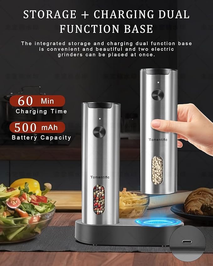 Electric Salt and Pepper Grinder Set with Rechargeable Base - Upgraded Large Capacity, Refillable Pepper Mill Set with LED Light & Adjustable Coarseness, Ideal for Kitchen, Outdoor (Light Silver)