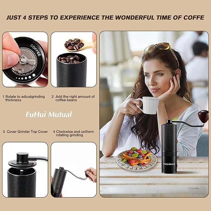 Manual Coffee Bean Grinder with Adjustable Coarseness, CNC Stainless Steel Conical Burr 6 Core, Portable Hand Coffee Bean Mill For Home Use and Camping Travel Black
