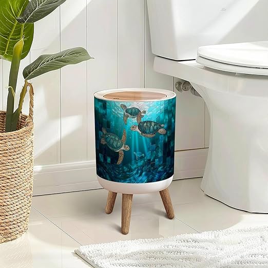 Trash Can with Lid Teal Blue Stained Glass Sea Turtle Underwater Canvas Art Press Top Round Small Garbage Bin with Wooden Legs Waste Basket for Kitchen Bedroom Nursery 7L/1.8 Gallon