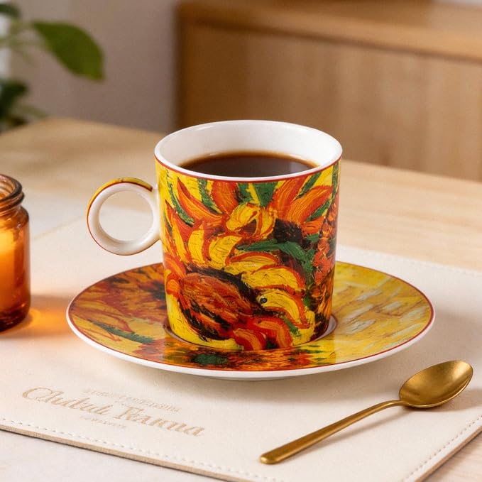 KAMMAK Tea Cups and Saucers Set of 2, Porcelain Coffee Cups, Stackable Espresso Mugs, Ceramic Demitasse for Coffee, Cappuccino, Latte, Americano, Tea, Small - Sunflower Oil Painting