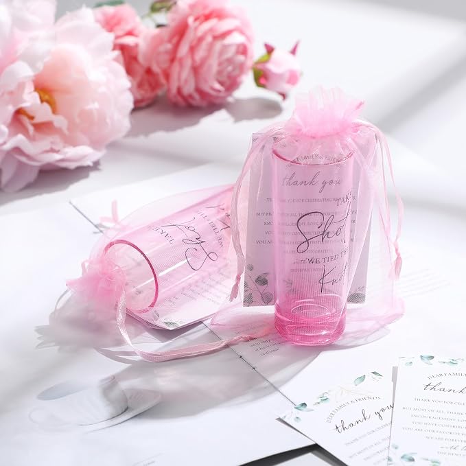 Sliner 50 Set Wedding Favors for Guests Bulk 2oz Acrylic Take a Shot We Tied the Knot Shot Glasses with Thank You Cards Organza Bags for Guest Souvenirs Wedding Newlyweds Bridal Shower Gifts (Pink)