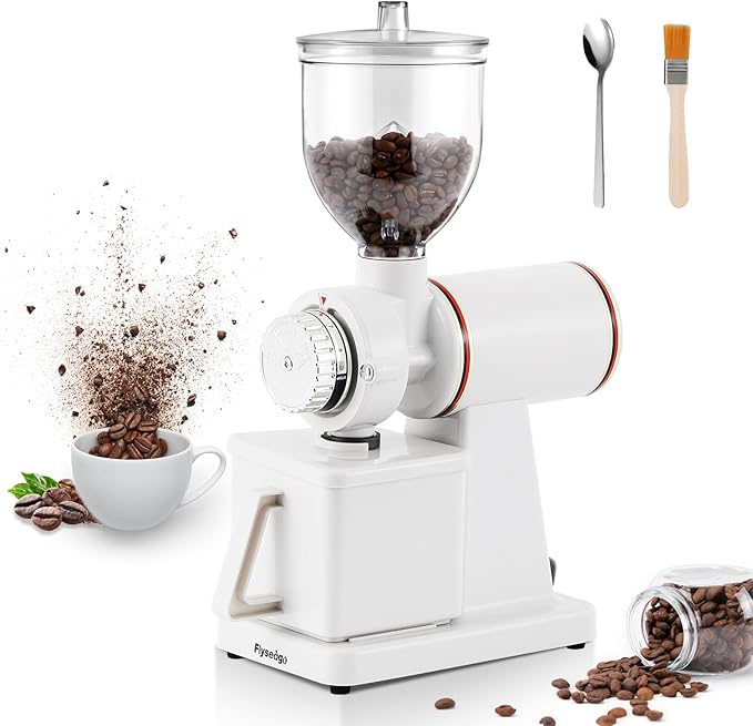 Burr Coffee Grinder Electric Espresso Grinder Commercial & Homeuse Silent Small Coffee Bean Grinder with Hopper Adjustable Grind, With Brush, Spoon, White