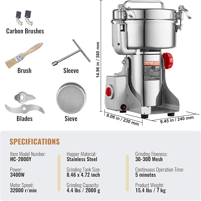 VEVOR 2000g Electric Grain Mill Grinder, High Speed 3400W Commercial Spice Grinders, Stainless Steel Pulverizer Powder Machine, for Dry Grains Spices Cereals Coffee Corn Pepper, Swing Type