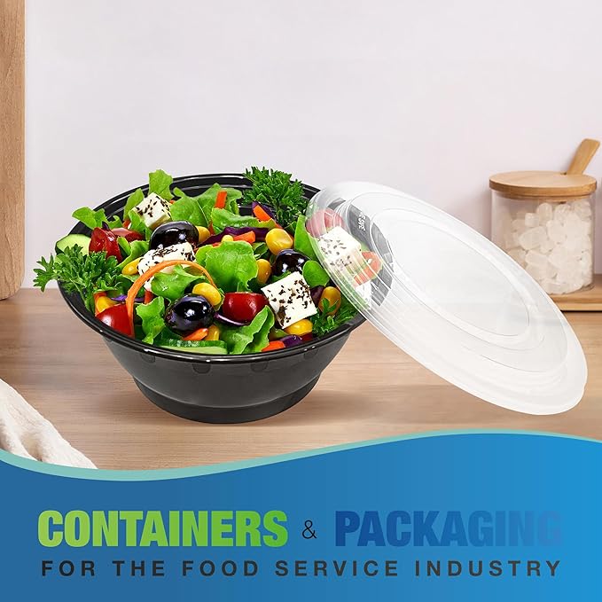 Meal Prep Bowls Containers, 150 Sets 32oz Reusable Plastic Bowls with Lids for Noodles Soup Salad, Round To Go Food Storage Container, BPA Free, Microwave/Dishwasher/Freezer Safe, Black