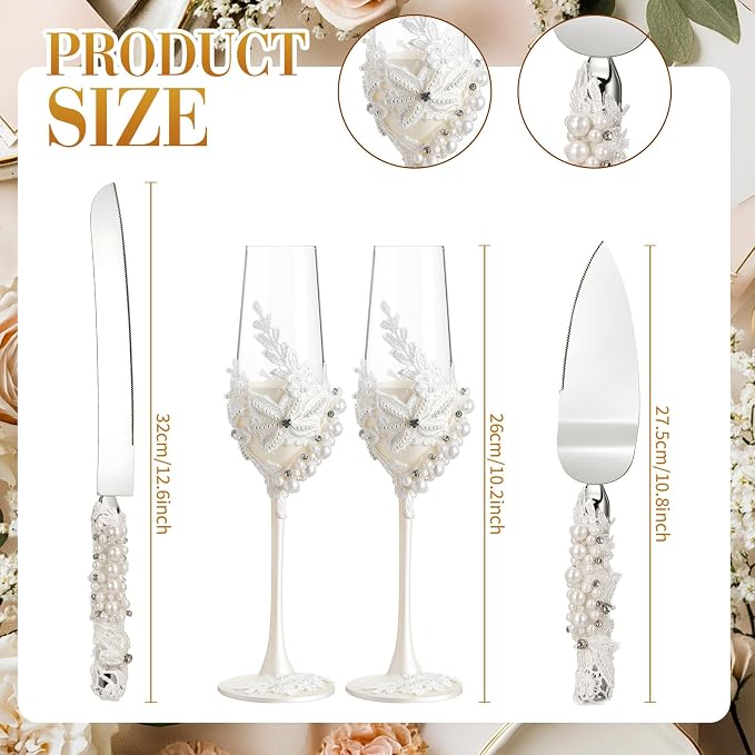 Boao Pearl Wedding Champagne Flutes and Cake Knife Server Set of 4, Champagne Flutes Toasting Glasses with Pearls for Bride and Groom Engagement Anniversary Bridal Shower Gifts (Mr and Mrs,Rose Gold)