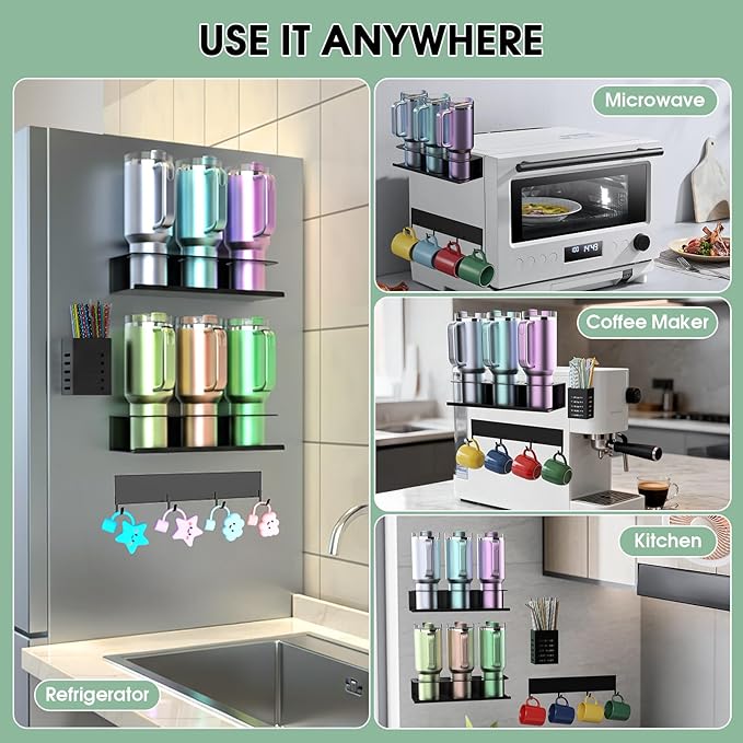POLRAI 4 Pack Magnetic Cup Holder for Refrigerator, Water Bottle Organizer for Stanley and Tumbler, Accessory with Lid Hook Straw Holder and Double Sided Tape for Kitchen Fridge Cabinet