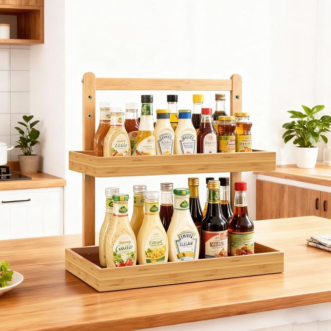 Bamboo Undersink Organizer Storage - 2-Tier Cabinet Shelf with Adjustable Levels, Under Sink Storage Slide Out for Cabinet Pantry Kitchen Bathroom (Natural, 2 Packs)