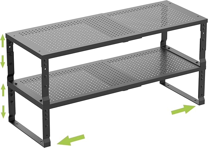 Jojocross Expandable Cabinet Shelf Organizer Storage Spice Rack Shelves for Kitchen Stackable Adjustable Pantry Cupboard Bathroom Countertop Desktop(2Packs/Black/Medium-with Hole)