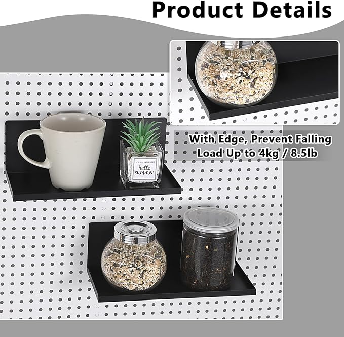 Kokone 6 Pack Magnetic Pegboard Shelves with Lip Around The Edge, 10x4.3 Inch Metal Peg Board Shelves Accessories for Storing or Displaying, Wall Pegboard Steel Tray for Garage Workshop Craft Room