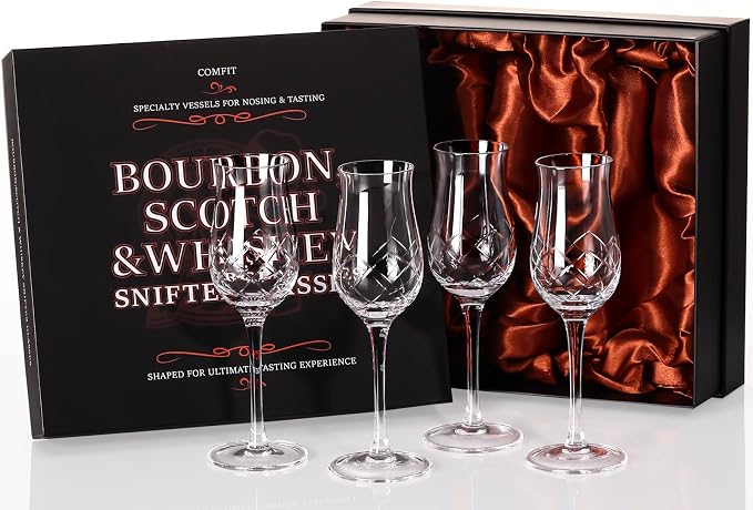 Engraved Crystal Snifter Glasses for Whiskey, Brandy & Cognac – Set of 4 Small 4oz Tulip Copitas – Elegant Cut Glass Tasting Glasses for Neat Liquor & Spirits