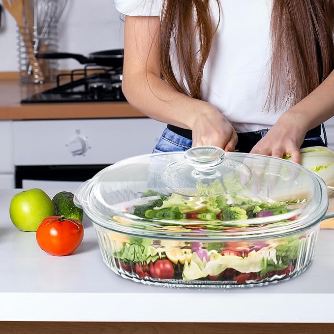 Luvan 2.8L/3Qt Glass Casserole Dish with Lid, Ribbed Oval Glass Baking Dish for Oven & Microwave, Clear Lead-Free Covered Casserole Cookware, Versatile Deep Glasses Food Container for Baking, Cooking