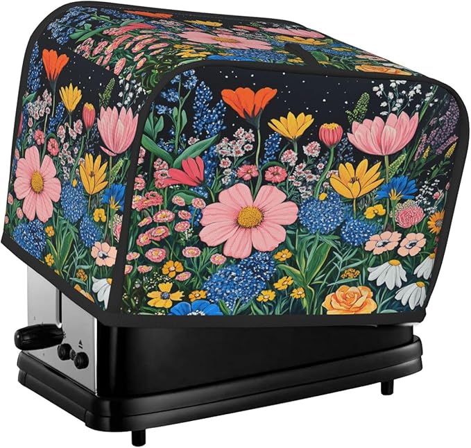 2 Slice Toaster Cover for Kitchen Wildflower Art Floral Black aterproof and Dustproof Toaster Dust Cover with Side Pockets Decorative Universal Cover for Wide Slot Toasters and Small Appliances