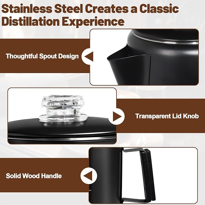6 Cup Percolator 304 Stainless Steel Coffee Pot Coffee Maker Coffee Machine with Solid Wood Handle Transparent Knob Stovetop Greca Mocha for Induction Home and Camping 1000ml 33.8oz Black