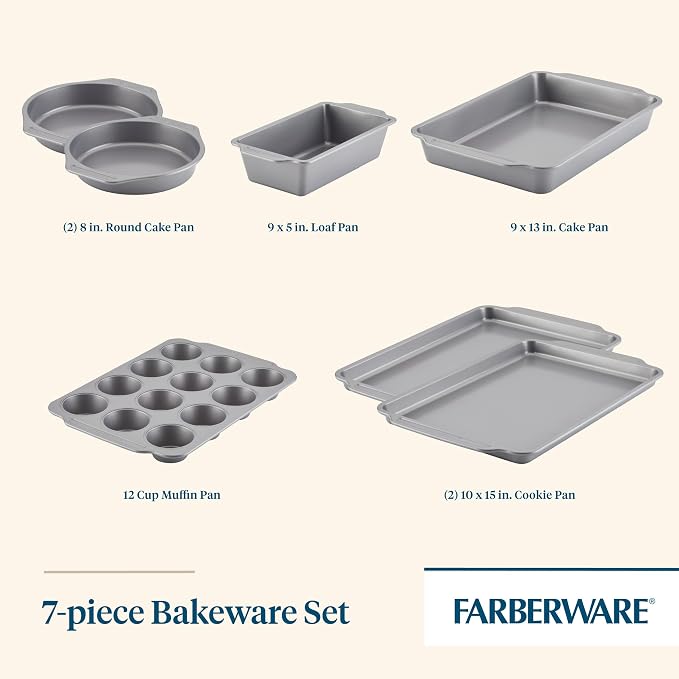Farberware Bakeware Nonstick Baking Pans with Baking Sheets, Cake Pans, Meatloaf/Bread Pan, and Muffin Pan, 7 Piece Bakeware Set - Gray