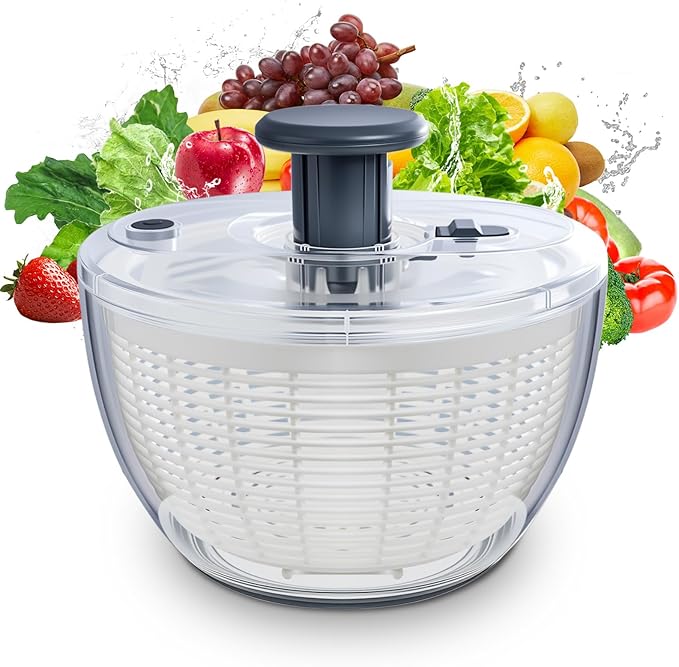 Salad Spinner Large, Fruit Washing Bowl with Strainer, Quick and Easy Use Lettuce Spinner, Fruits and Vegetables Washer, Lettuce Salad Dryer, Kitchen Essentials (6L/6.34Qt)