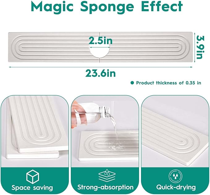 24 Inch Stone Faucet Mat for Kitchen Sink,Quick Dry Stone Mat Kitchen-Sink Water Splash Guard,Diatomite Protector with Super Absorbent&Leak Proof Circular for Kitchen Bathroom Counter(White）