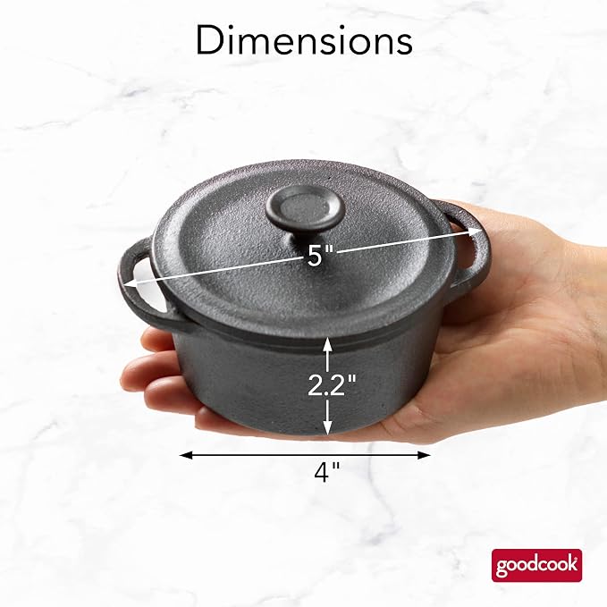 GoodCook Mini Dutch Oven with Lid, Pre-Seasoned Cast Iron Personal-Sized Pot for Stews Soups and Individual Desserts, Oven Safe to 500°F, 0.25-Quart, Black