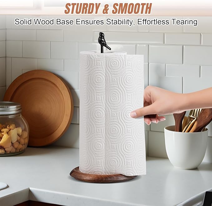 Wooden Paper Towel Holder countertop, Stylish Bird Shaped,Solid Wood Base&Iron Top, with Non-Slip Mat, Stable&Durable,Paper Towel Holder Farmhouse Style to Elevate Your Kitchen's Décor (Black)