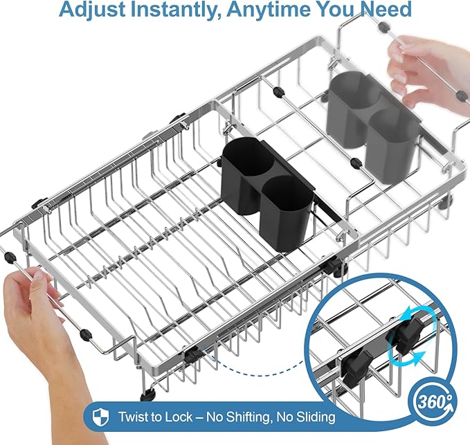 GSlife Expandable Over The Sink Dish Drying Rack - Stainless Steel Heavy Duty in Sink Dish Drainer with Square Corners, Rust Resistant with Lock Knob, Fit for Modern Single & Double Sinks, Black
