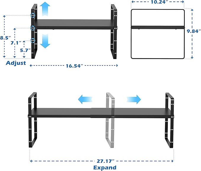 SANNO 3-Shelf Expandable Kitchen Organizer, Sturdy Metal Shelves, Stackable Counter Shelves, 16.54-27.17 inches Long, 60 lbs Weight Capacity