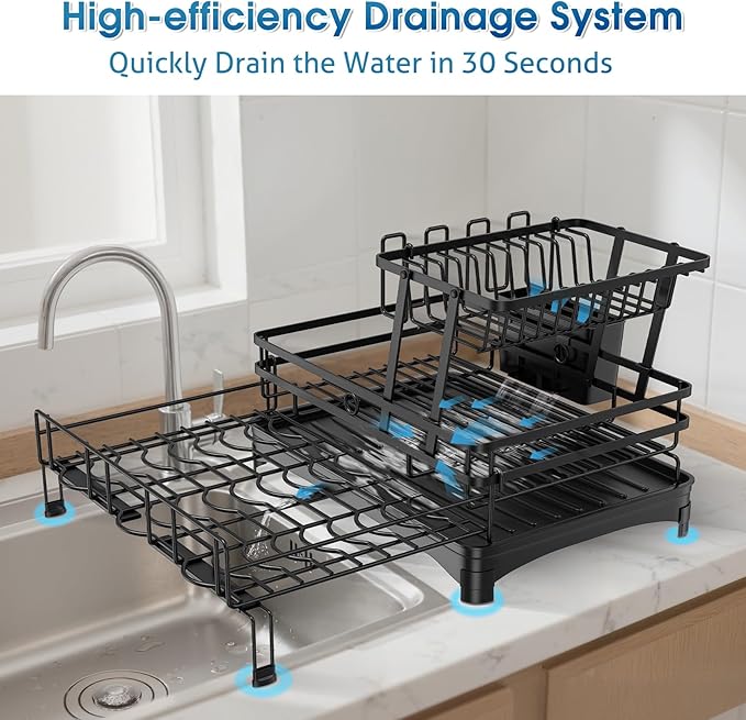 Glovv Over The Sink Dish Drying Rack, 2-Tier Kitchen Organizers and Storage for Kitchen Counter, Kitchen Sink Organizer with 4 Cup Holders and Drainboard, Black