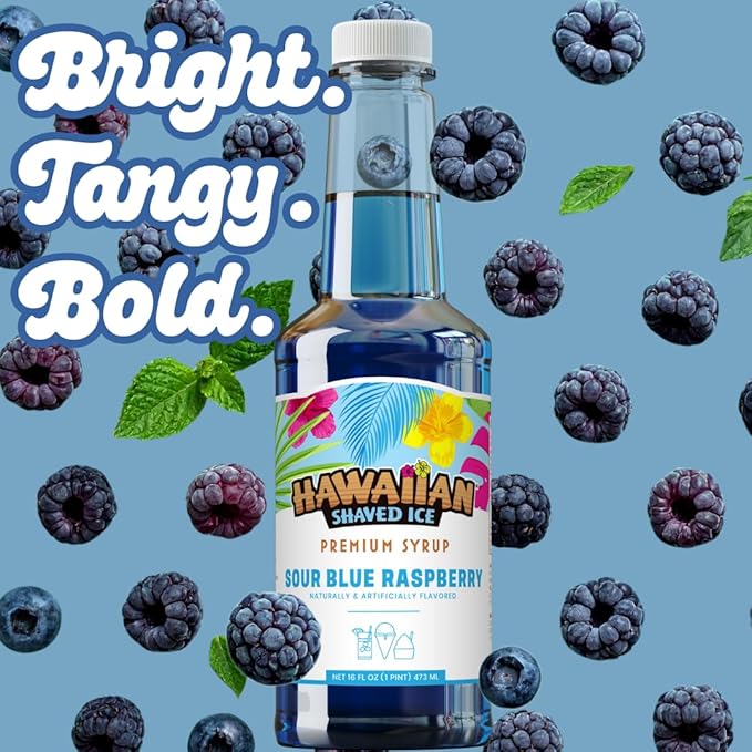 Hawaiian Shaved Ice Sour Blue Raspberry Syrup - Nut Soy Dairy Free - Flavor Fluffy & Crunchy Snow Cones - Shelf Stable - Makes 8 Servings - 16 ounces