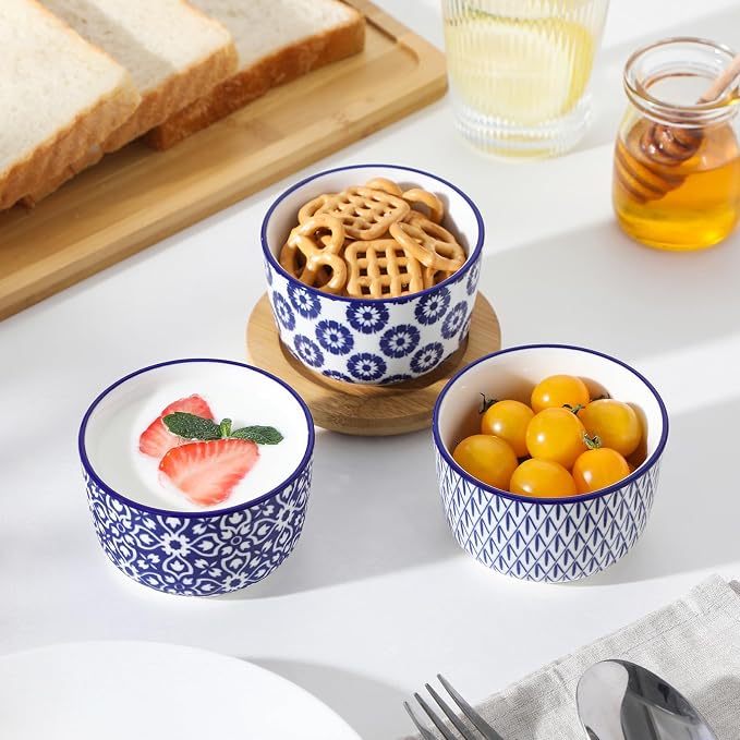 vancasso Selene 6 oz Ceramic Ramekins Set of 6, Microwave & Dishwasher Safe Souffle Cups for Baking, Dip & Sauce, Desserts, Handcrafted Blue Floral Bowls