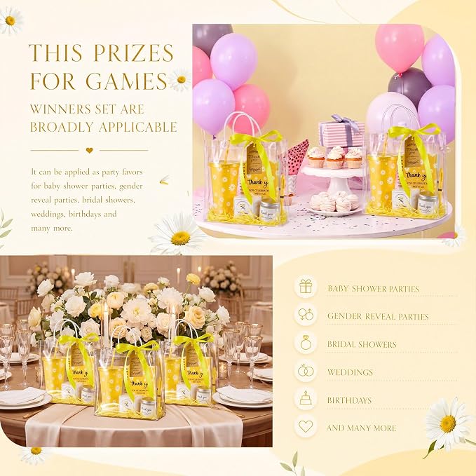 Nuogo 6 Sets New Parent Shower Prizes for Player Winners Adult, Wedding Bridal Shower Gift, Plastic Tumbler Notebook Scented Candle Ballpoint Pen Bag (Yellow Color,Daisy Style)