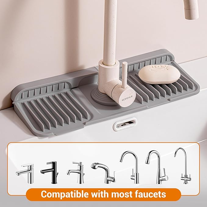 ZJWZLG Faucet Mat for Kitchen Sink, 14"X5.5" Silicone Sink Splash Guard with Soap Holder, Snap-On Design & 7°slope Fast Drain, Folding Sink Faucet Mat for Universal Kitchen Bathroom Sink（Grey）