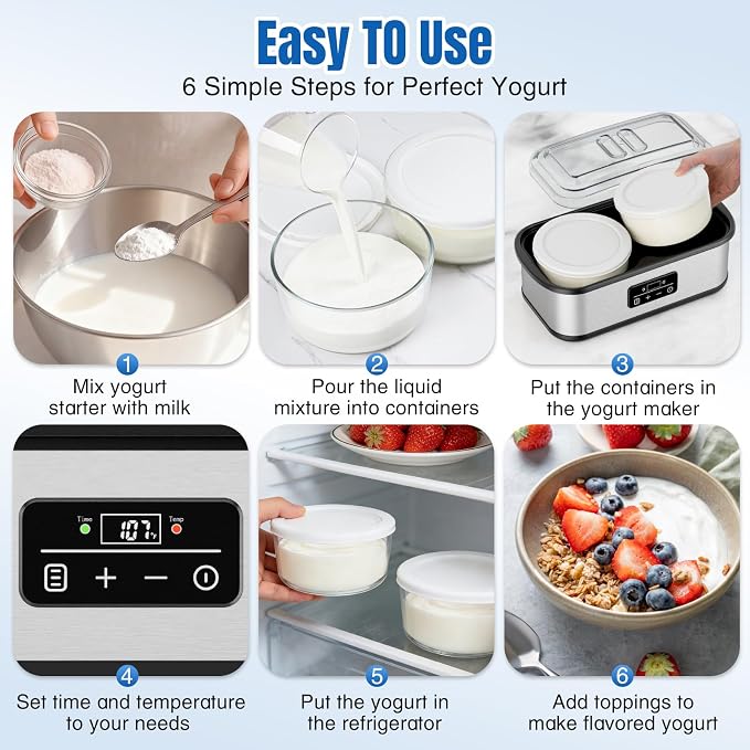 Yogurt Maker with Two 1 Quart Glass Bowls, Yogurt Maker Machine with Precise Temp Control (68-127℉) & 48H Timer, Auto Shut-Off, BPA-Free, for Homemade Probiotic Yogurt & Gut Health