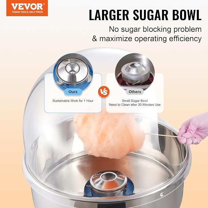 VEVOR Electric Cotton Candy Machine with Cover, 1000W Commercial Floss Maker w/Stainless Steel Bowl, Sugar Scoop and Drawer, Perfect for Home, Carnival, Kids Birthday, Family Party, Blue