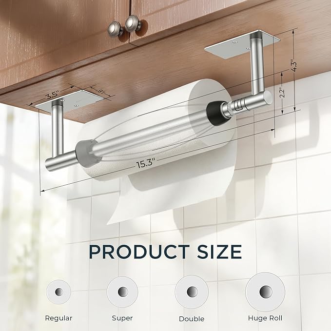 FORIOUS Paper Towel Holder Under Cabinet, Single Hand Operable with Adjustable Damping for Easy Tear, Adhesive or Drill Wall Mount,304 Stainless Steel Commercial Paper Towel Holder for Kitchen, Silver