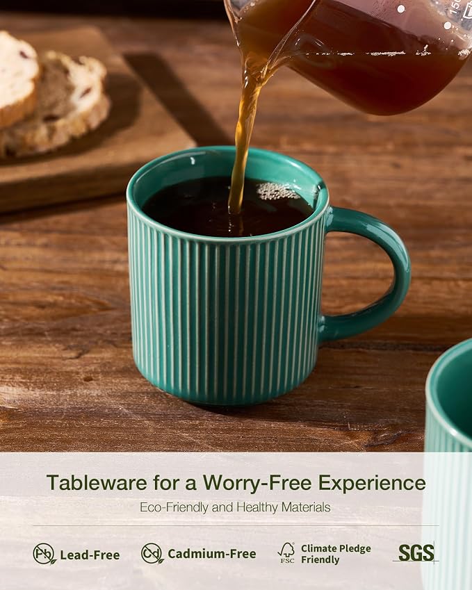 famiware Coffee Mug Set for 6, Star 12 oz Catering Mugs Cup Set with Handle for Coffee, Tea, Cocoa, Milk- Ceramic Stoneware Drinkware Set, Sage Green