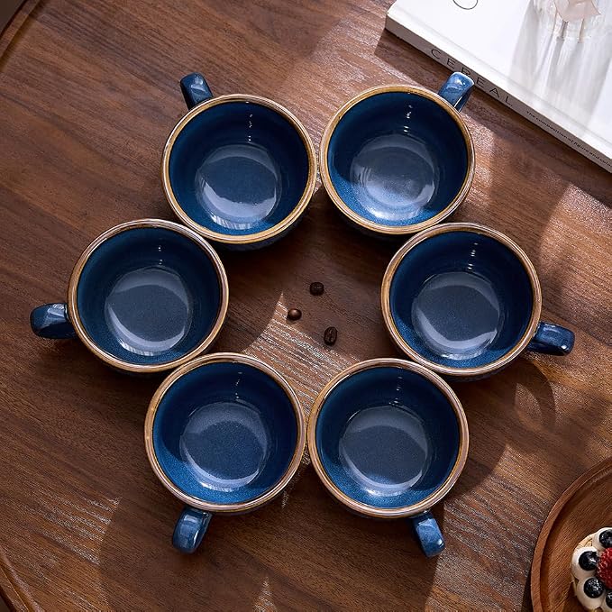 Coffeezone Set of 6 Vintage Design 12 oz Professional Barista Ceramic Latte Art Cappuccino Cups Set (Wave Blue)