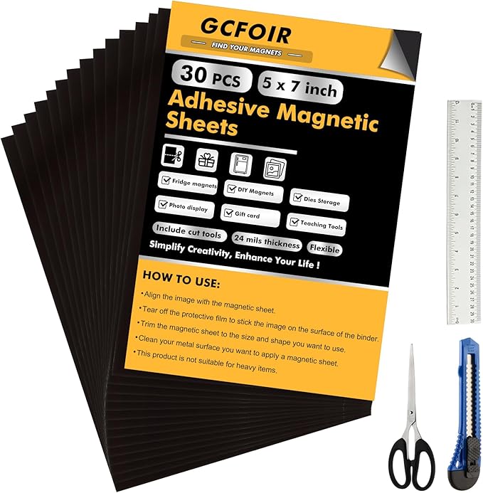 Adhesive Magnetic Sheets 5 x 7 Inch, 30 Packs Magnetic Sheets with Adhesive Backing - 0.5mm Thickness Flexible Magnet Sheets for Dies Storage, Craft Projects, Photos, School, Office