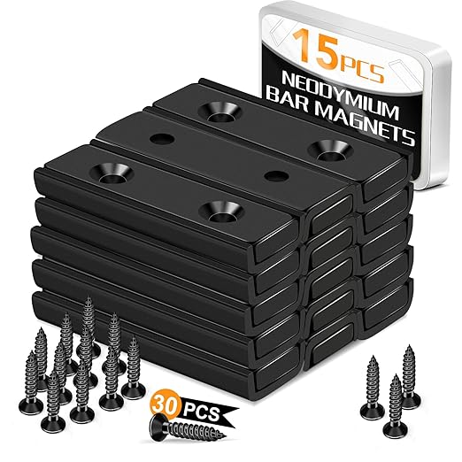 TRYMAG Neodymium Magnets Strong, 45Lbs Bar Magnets with Countersunk Hole and Steel Capsule, 15 Pack Heavy Duty Rectangle Magnet Rare Earth Magnet with Screw for Mounting, Door, Garage, Wokplace