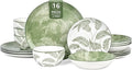 Porcelain Lightweight Dinnerware Sets for 4, 16 Pieces Sage Green White Floral Ceramic Plates and Bowls Set, Summer Dish Set with Pasta Bowls, Microwave and Dishwasher Safe