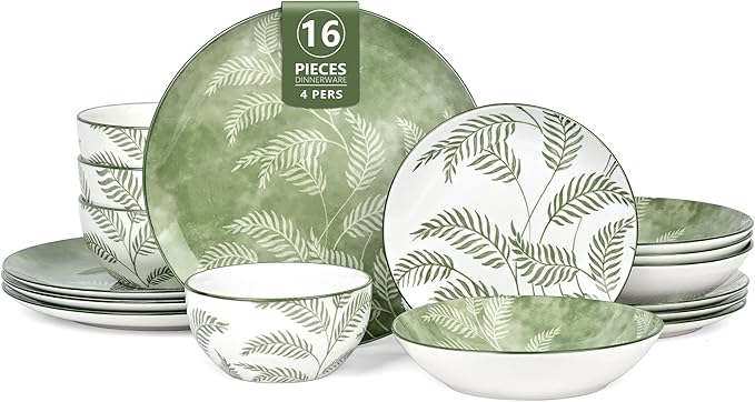 Porcelain Lightweight Dinnerware Sets for 4, 16 Pieces Sage Green White Floral Ceramic Plates and Bowls Set, Summer Dish Set with Pasta Bowls, Microwave and Dishwasher Safe