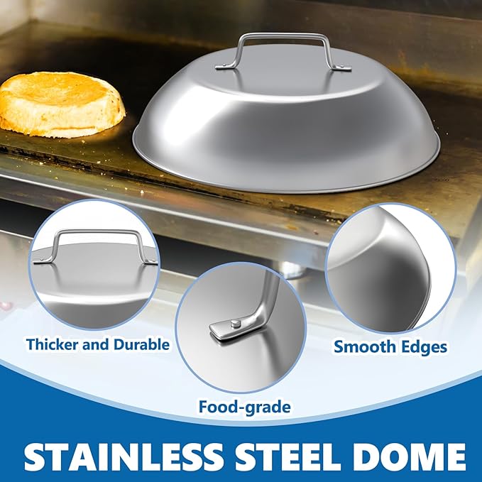 SafBbcue Round Cast Iron Smash Burger Grill Weight Press Tool & Griddle Steamer Melting Dome 12" Round Stainless Steel Basting Cover for Blackstone Griddle, Griddle Food Cover Dome for Flat Top Grills