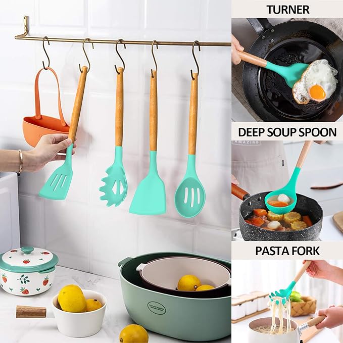 Umite Chef Kitchen Cooking Utensils Set, 24 pcs Non-stick Silicone Cooking Kitchen Utensils Spatula Set with Holder, Wooden Handle Heat Resistant Silicone Kitchen Gadgets Utensil Set (Green)