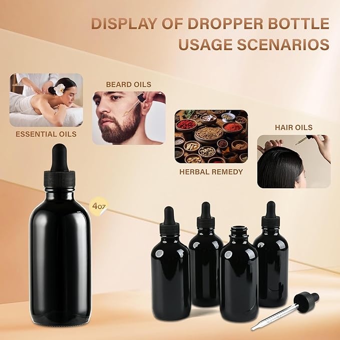 NOOEEISS 4 Pcs 4oz Black Glass Eye Dropper Bottle, Tincture Bottles With Leak-Proof Design, Stronger Suction for All Kinds of Mixed Liquids