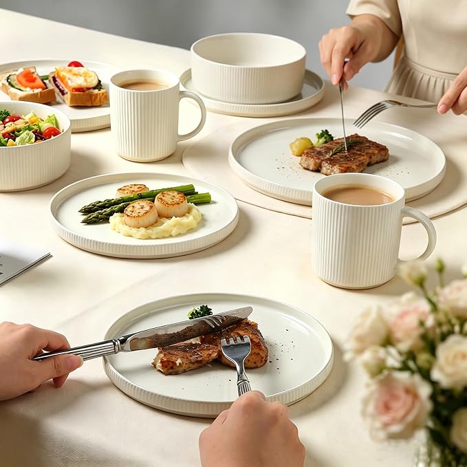 MONITO Ceramic Dinnerware 16 Pieces Dinner Set,Plates Pasta Bowls Cereal Bowls Reactive Change Glaze Dish Sets, Modern Stoneware Dishes,Gift, Creamy white