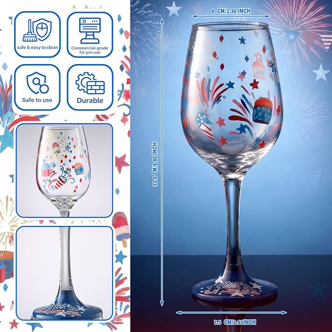 SiliFine 4 Pcs Patriotic 4th of July Stemmed Wine Glasses Hand Painted USA American Fireworks Star Drinking Cup Wine Glasses Gifts for Independence Day Birthday Theme Holiday Party Supplies