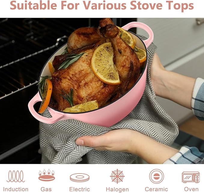 TeamFar Oval Dutch Oven, 5qt Enameled Cast Iron Dutch Oven Pot with Lid, For Bread Baking/Stewing/Braising/Frying, Suitable for Various Stoves, Dual Handles & Easy Cleanup, Pink