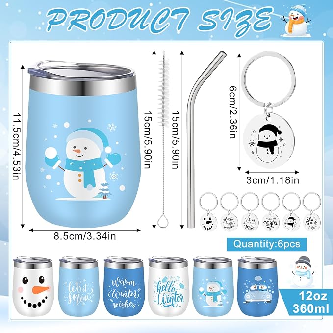 6 Set Christmas Wine Tumbler with Lid and Straw 12 Oz Christmas Stainless Steel Wine Tumbler with Keychains, Winter Snowman Insulated Travel Coffee Mug Xmas Gifts for Women Men Xmas Wedding Party