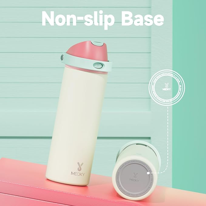 24 oz Insulated Water Bottle with Straw: Meoky Stainless Steel Metal Water Bottle with 2-in-1 Lid - Leak Proof, Cold for 24 Hours, Fits in Car Cup Holder, BPA-Free for Travel Sports Gym, Cream