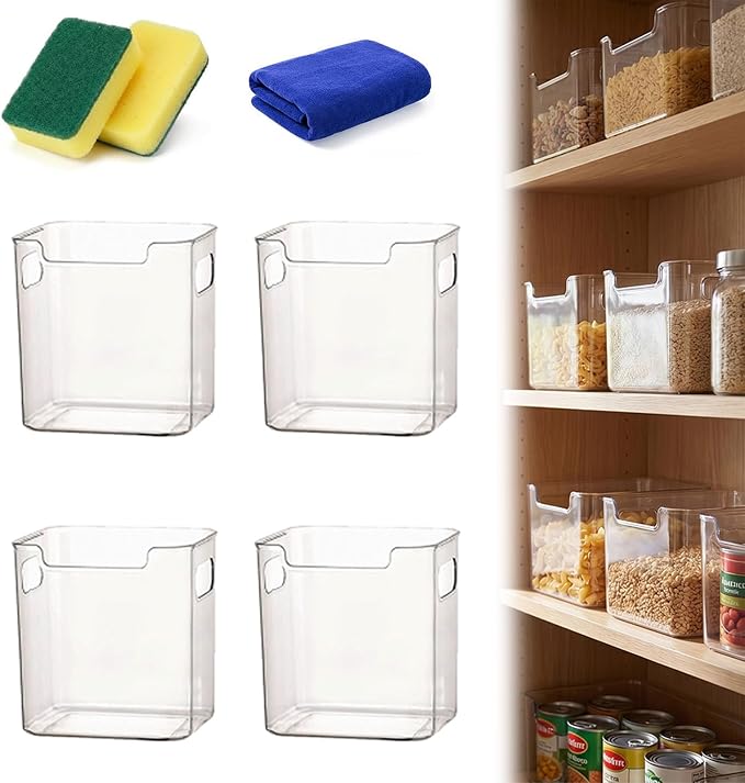 Crystal Clear Freezer Storage Bins, Clear Plastic Storage Bins for Refrigerator and Pantry, Stackable Freezer Organizer Bins with Handles, Versatile for Kitchen, Bathrooms, Cabinets (4 Small)