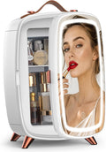 COWSAR Mini Fridge for Bedroom with Dimmable LED Light Mirror, 6 Liter/8 Can Skincare Fridge with Top leather handle, Portable Small Refrigerator Cooler for Cosmetic, Beverage and Food, Dorm, Office